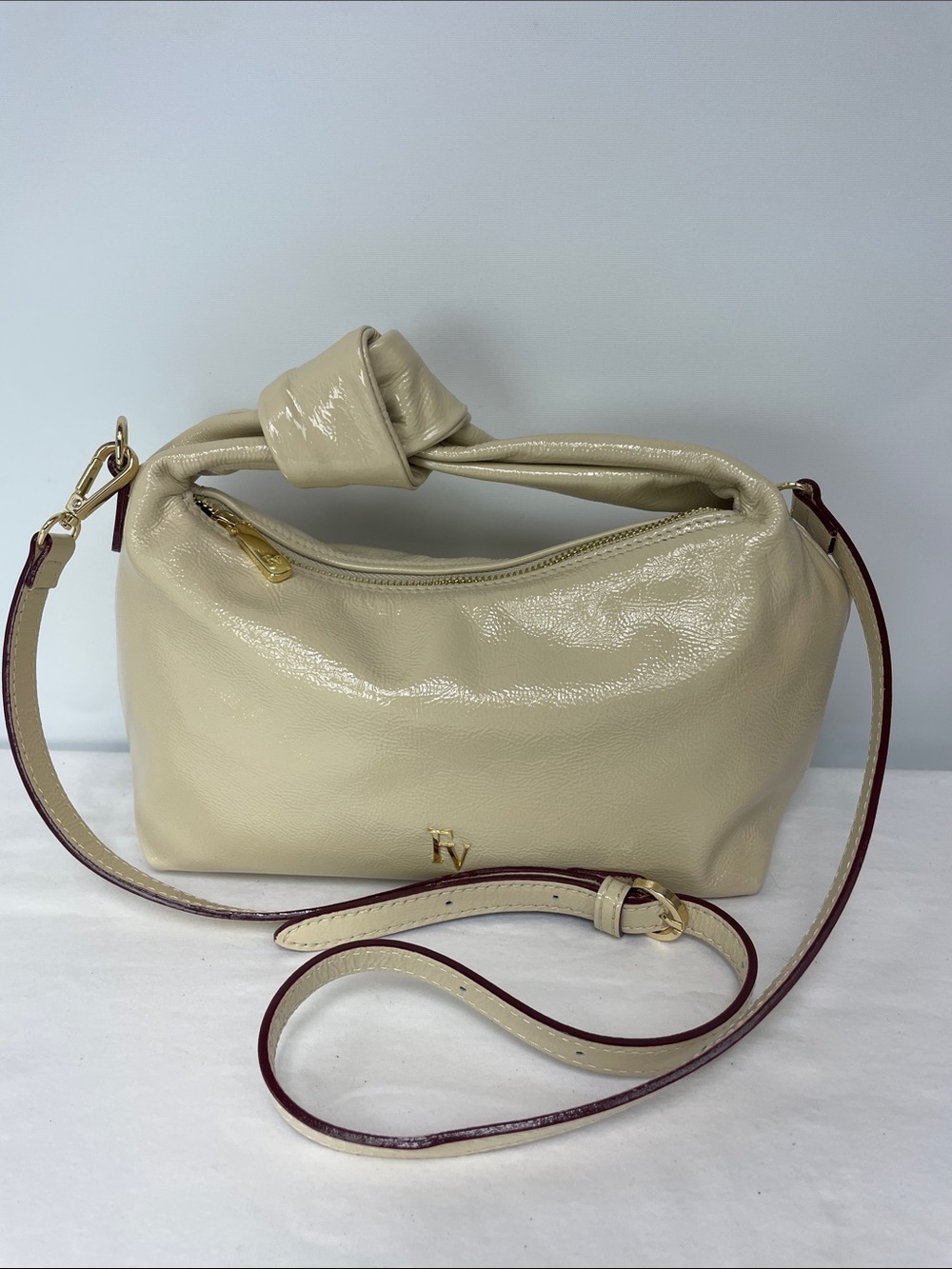Frances Valentine Cream Patent Knot-Top Shoulder Bag